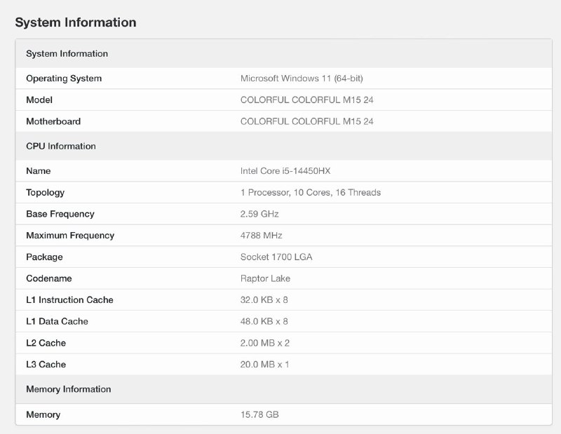 七彩虹 M15 的 GB5 跑分现身，搭载 i5-14450HX 和 RTX 4050 Laptopi5-14450HX 为 6P4E 规格这样的配置组合看来是一些入门级游戏本也要 HX 化了