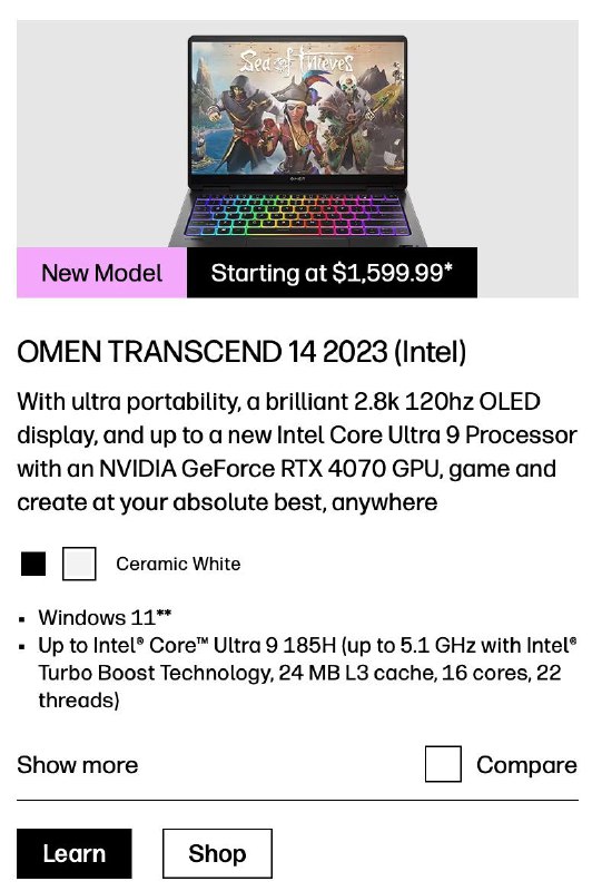 HP OMEN Transcend 14 即暗影精灵 10 Slim 14 已上 HP 官网，MTL + 4070 up to 65W2.8K 120Hz OLED 1.637kgHP OMEN Transcend 14 即暗影精灵 10 Slim 14 已上 HP 官网，MTL + 4070 up to 65W2.8K 120Hz OLED 1.637kg