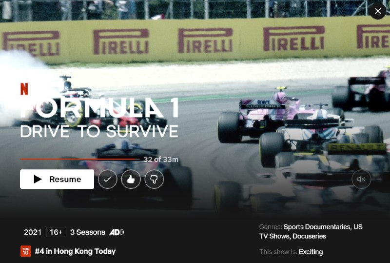 Formula 1 Drive To Survive Season 3 简评对于没有接触过 F1 的人来说，这还是一部激动人心，能给 F1 吸引新观众的一部记录片
