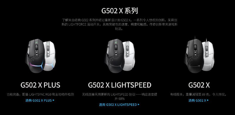 官方终于发了！G502 X ¥499G502 X Lightspeed ¥899G502 X Plus ¥1049全系光微动，HERO 25K 传感器有线版 89g，无线版 100g 左右，无线 RGB 版 106g