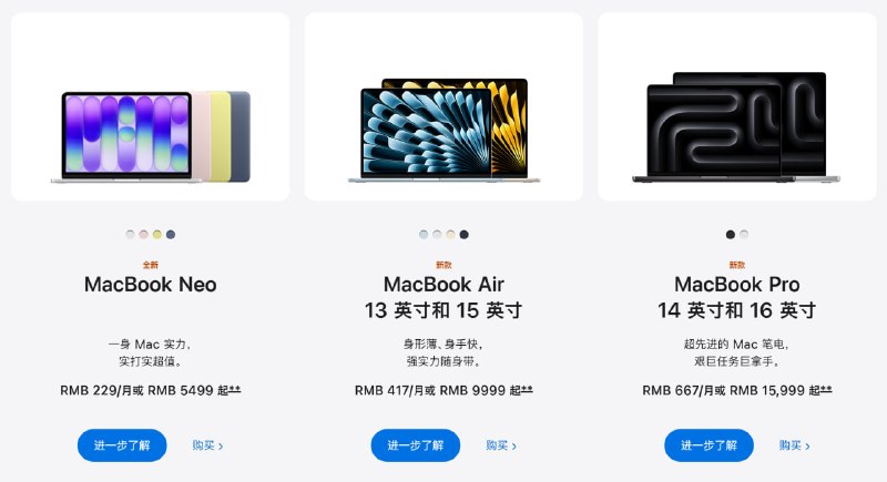 国行：MacBook Neo：￥4599 → ￥5499MacBook Air：￥8499 → ￥9999MacBook Pro：￥13499 → ￥15999Mac mini：￥4499 → ￥5999iMac：￥10999 → ￥12499Mac Studio：￥16499 → ￥19999iPad 11：￥2999 → ￥3799iPad mini：￥3999 → ￥4799iPad Air：￥4799 → ￥5999iPad Pro：￥8999 → ￥10799HomePod mini：￥749 → ￥999HomePod 2：￥2299 → ￥2699Apple Vision Pro：￥29999 → ￥31999国行：MacBook Neo：￥4599 → ￥5499MacBook Air：￥8499 → ￥9999MacBook Pro：￥13499 → ￥15999Mac mini：￥4499 → ￥5999iMac：￥10999 → ￥12499Mac Studio：￥16499 → ￥19999iPad 11：￥2999 → ￥3799iPad mini：￥3999 → ￥4799iPad Air：￥4799 → ￥5999iPad Pro：￥8999 → ￥10799HomePod mini：￥749 → ￥999HomePod 2：￥2299 → ￥2699Apple Vision Pro：￥29999 → ￥31999