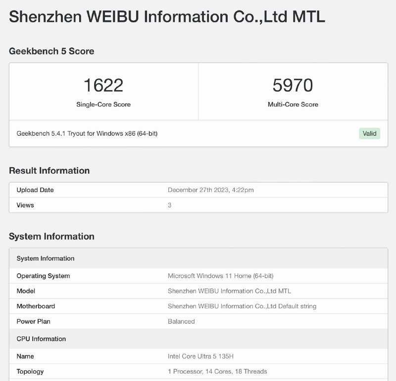 GB5 近期出现的 MTL 未知机型有：LENOVO 4810TW0100，搭载 Intel Core Ultra 9 185HH3C Meteor Lake，搭载 Intel Core Ultra 5 135H深圳微步 MTL，搭载 Intel Core Ultra 5 135HGB5 近期出现的 MTL 未知机型有：LENOVO 4810TW0100，搭载 Intel Core Ultra 9 185HH3C Meteor Lake，搭载 Intel Core Ultra 5 135H深圳微步 MTL，搭载 Intel Core Ultra 5 135H
