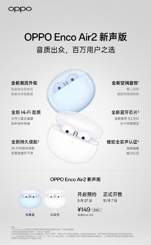 我不太董这耳机，欧泡又给 Enco Air2 更新蓝牙方案，增大电池容量出了一个“新声版”你可能会说，这会不会是把 Air3 的耳机装到 Air2 的盒子里的产物，但是我看了下参数，并不是……它电池比 Air3 更大，但是续航反而更短，声学单元部分看起来也是和 Air2 相同
