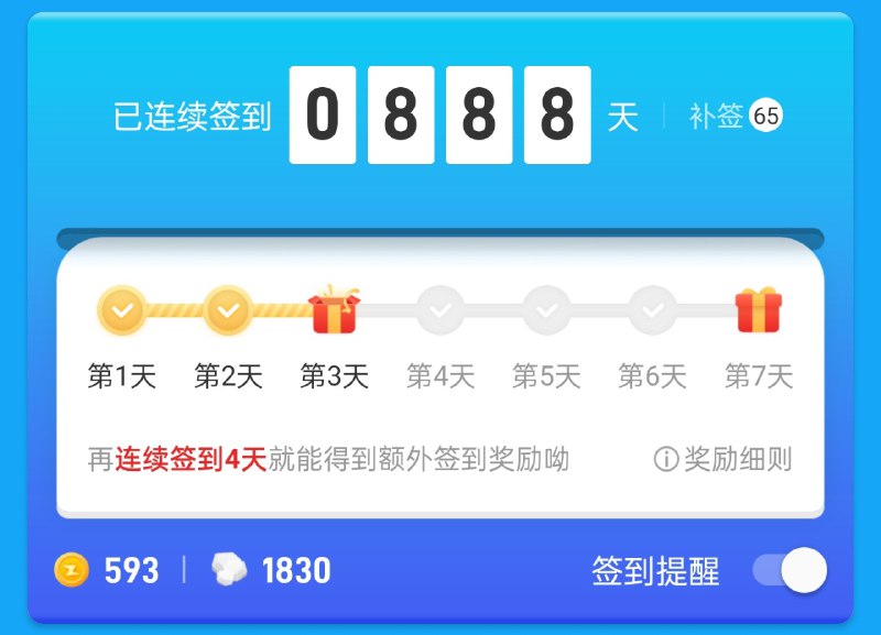 竟然连续签到 888 天了……