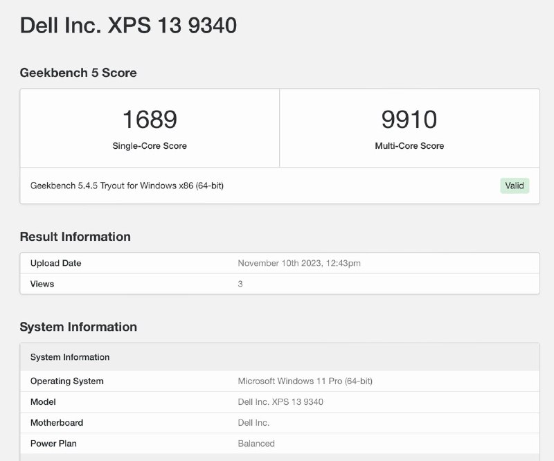 XPS 13 9340 现身 Geekbench 5这次跑分的是 Core Ultra 7 155H 16GB 内存版本