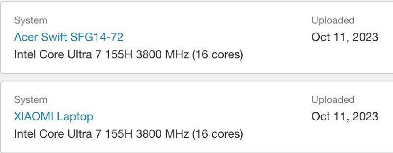 MTL 又来了一波跑分：Intel®️ Core™️ Ultra 7 155HAcer Swift Go 14（GB6 跑了十几次，GB5 跑了几十次）Xiaomi TM2307（TM2307 浏览量为 1，本频道成功首发爆料一次）