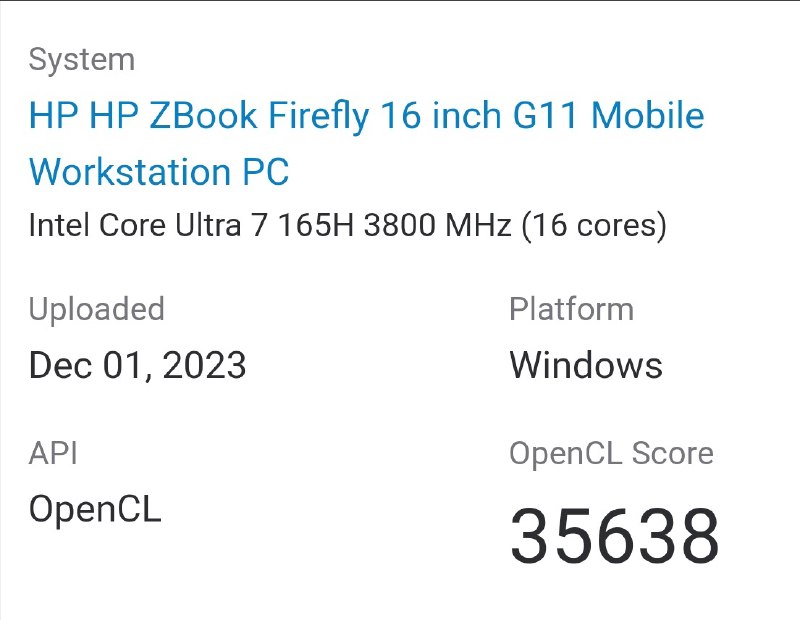 今天的 Meteor Lake 观察迎来了 ZBook Firefly 16 G11是 Core Ultra 7 165H + RTX A500 的配置GB6：