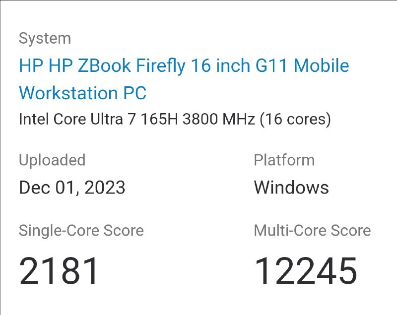 今天的 Meteor Lake 观察迎来了 ZBook Firefly 16 G11是 Core Ultra 7 165H + RTX A500 的配置GB6：