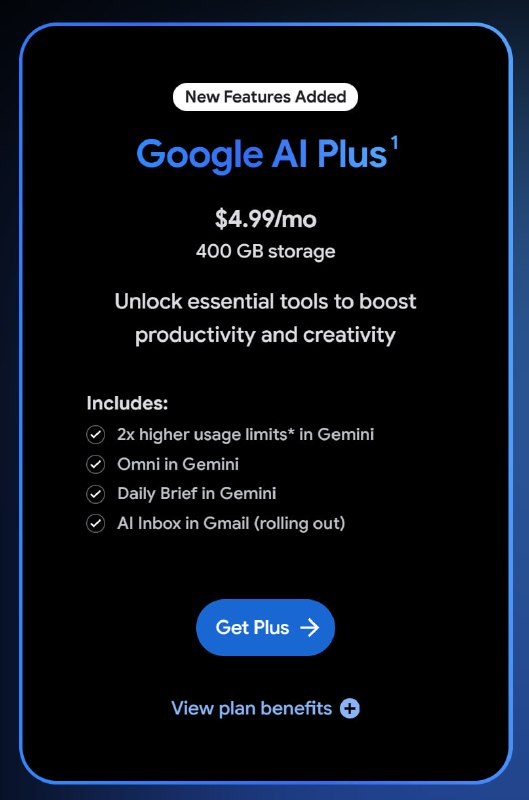 Google AI Plus 降到 5 刀了，同时 Google Drive 加到了 400GB