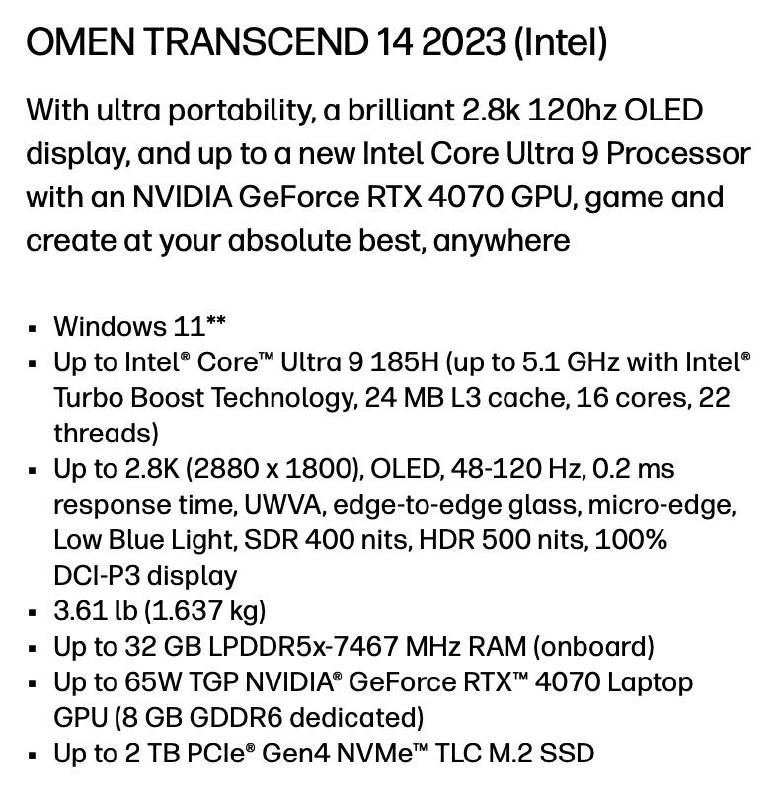 HP OMEN Transcend 14 即暗影精灵 10 Slim 14 已上 HP 官网，MTL + 4070 up to 65W2.8K 120Hz OLED 1.637kgHP OMEN Transcend 14 即暗影精灵 10 Slim 14 已上 HP 官网，MTL + 4070 up to 65W2.8K 120Hz OLED 1.637kg
