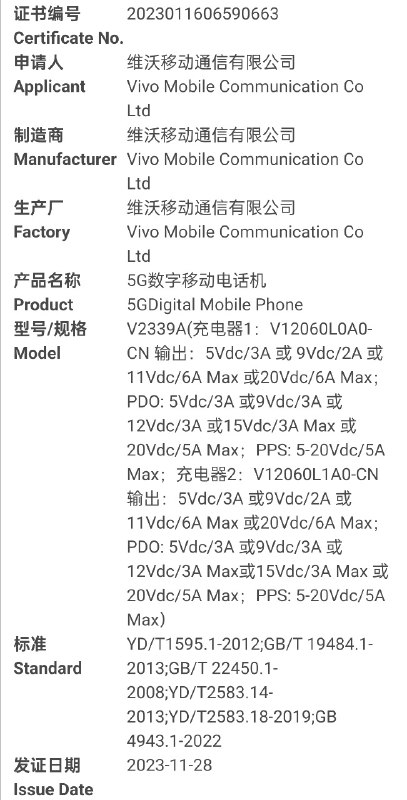 vivo V2339A（iQOO Neo9 Pro？）通过 3C 认证，120W 充电荣耀 BVL-AN00 通过 3C 认证，66W 充电（别的舅舅说这个是 Magic 6）华硕 X1404 Vivobook 14 通过 3C 认证，45W 电源适配器vivo V2339A（iQOO Neo9 Pro？）通过 3C 认证，120W 充电荣耀 BVL-AN00 通过 3C 认证，66W 充电（别的舅舅说这个是 Magic 6）华硕 X1404 Vivobook 14 通过 3C 认证，45W 电源适配器
